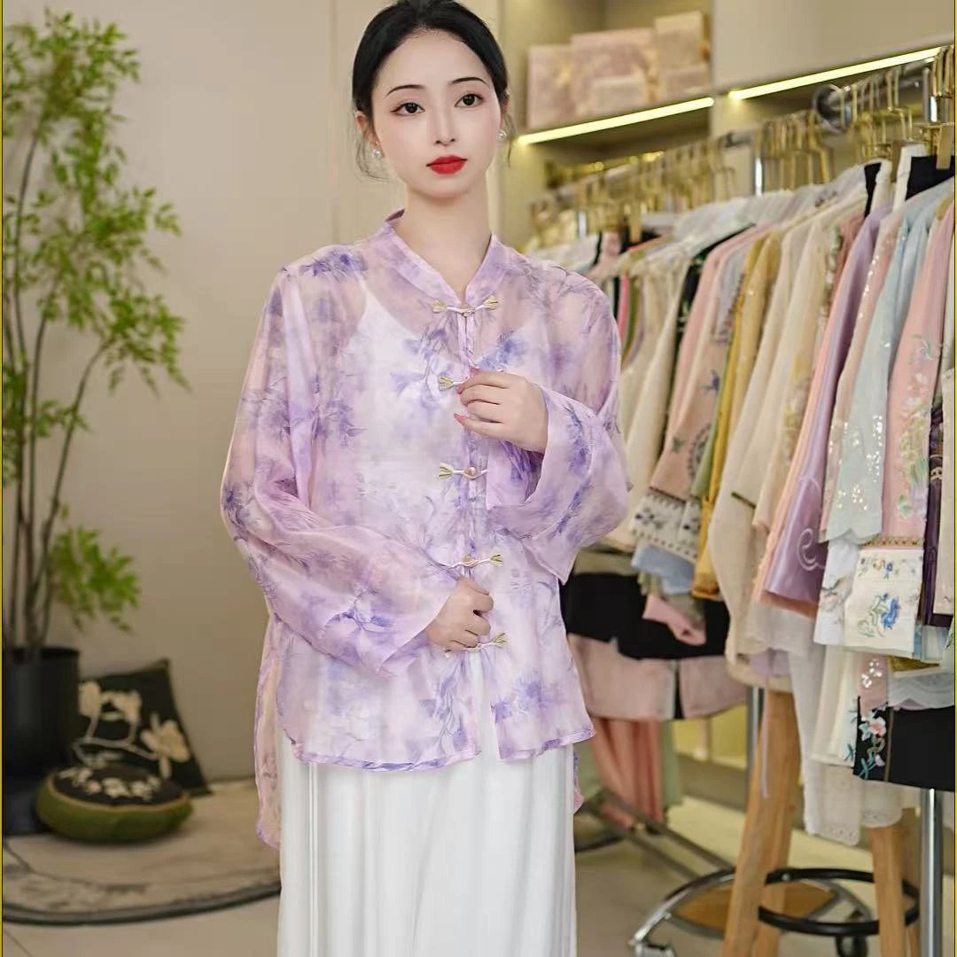 D999-2599【花汐】新中式国风薄款防晒衬衫外套女新款绝美上衣女
