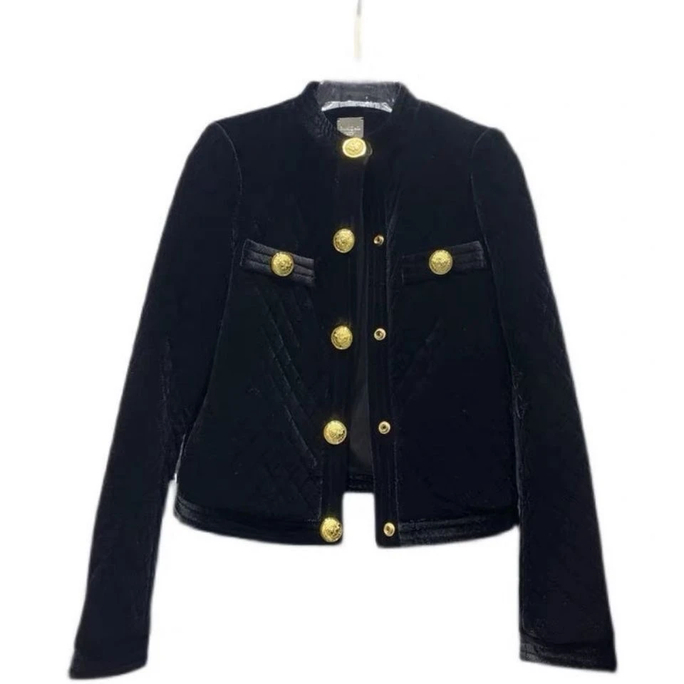 【yoyo礼物】轻奢时尚金丝绒短款薄棉女新款纽扣拼接机车上衣潮外套