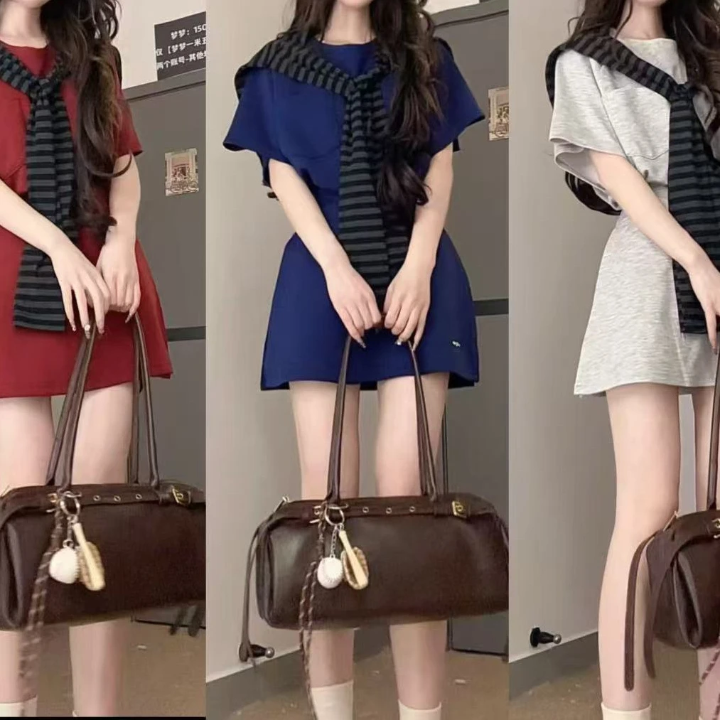 全网爆款2025夏季新款纯色三件套休闲韩系百搭简约宽松套装