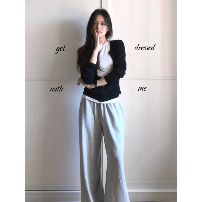 parkyeon休闲通勤风穿搭早秋季新款黑色拉链外套女松弛感休闲裤