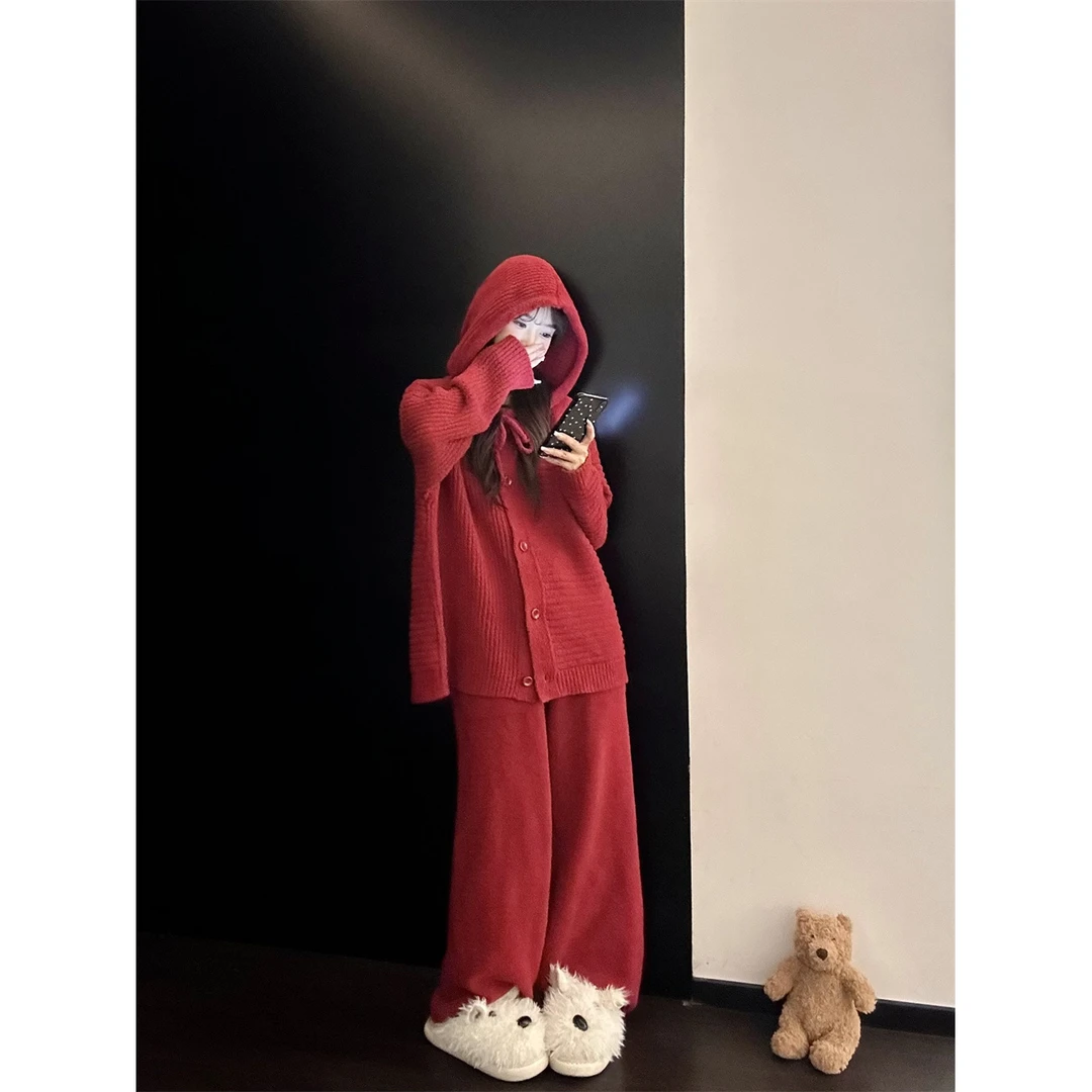 韩系简约复古红针织半边绒睡衣女秋冬季新款连帽家居服套装可外穿