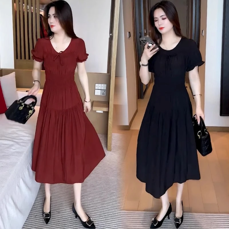 时尚气质连衣裙女2025夏季新款洋气显瘦减龄收腰显瘦a字裙中长款