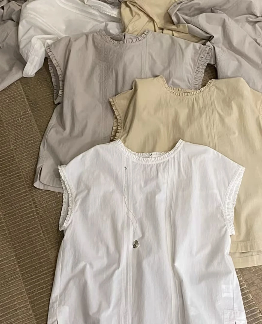 韩版短袖复古圆领衬衣衬衫女装夏季薄款百搭休闲无袖文艺时尚小衫
