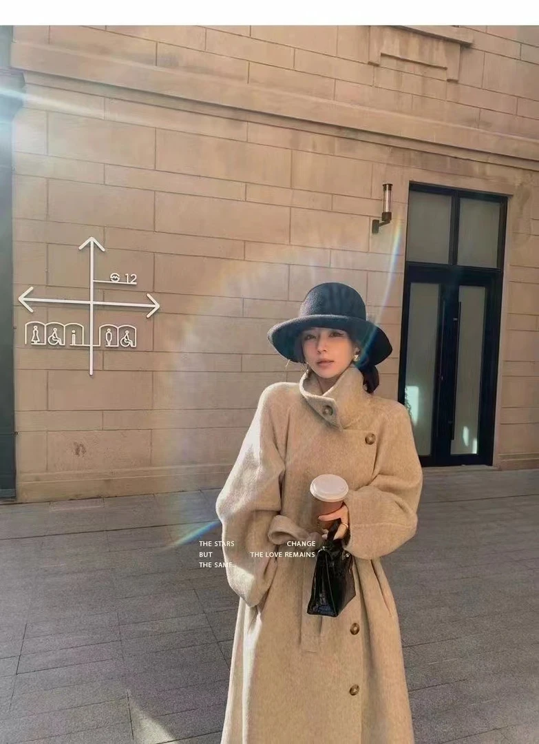 气质立领毛呢大衣秋冬宽松收腰通勤长款外套