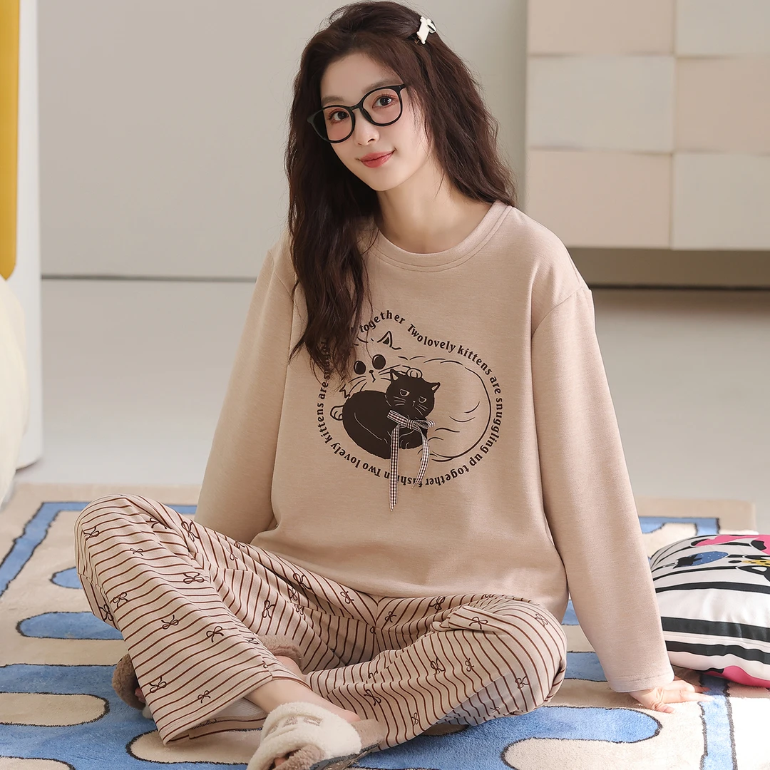 卡之恋睡衣冬季女款2025新款咖色猫咪加厚加绒毛绒绒家居服