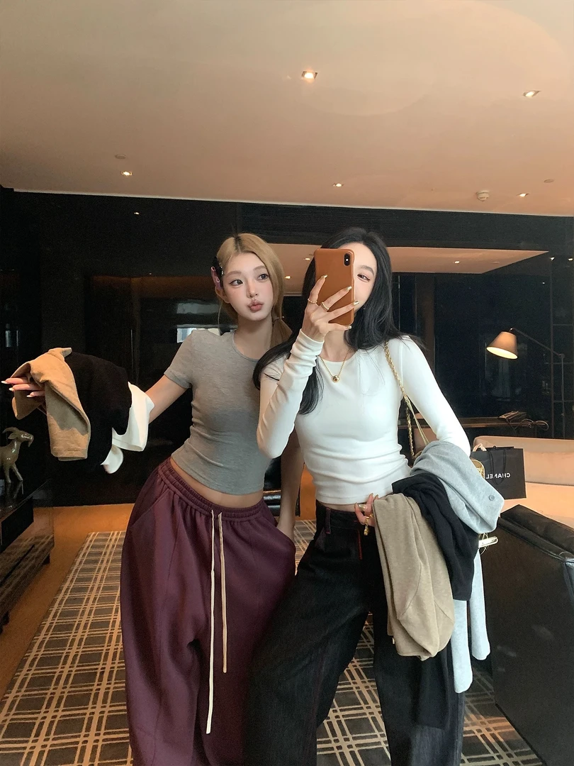 欧阳 针织长袖T恤女秋季新款修身显瘦内搭打底衫圆领短袖上衣