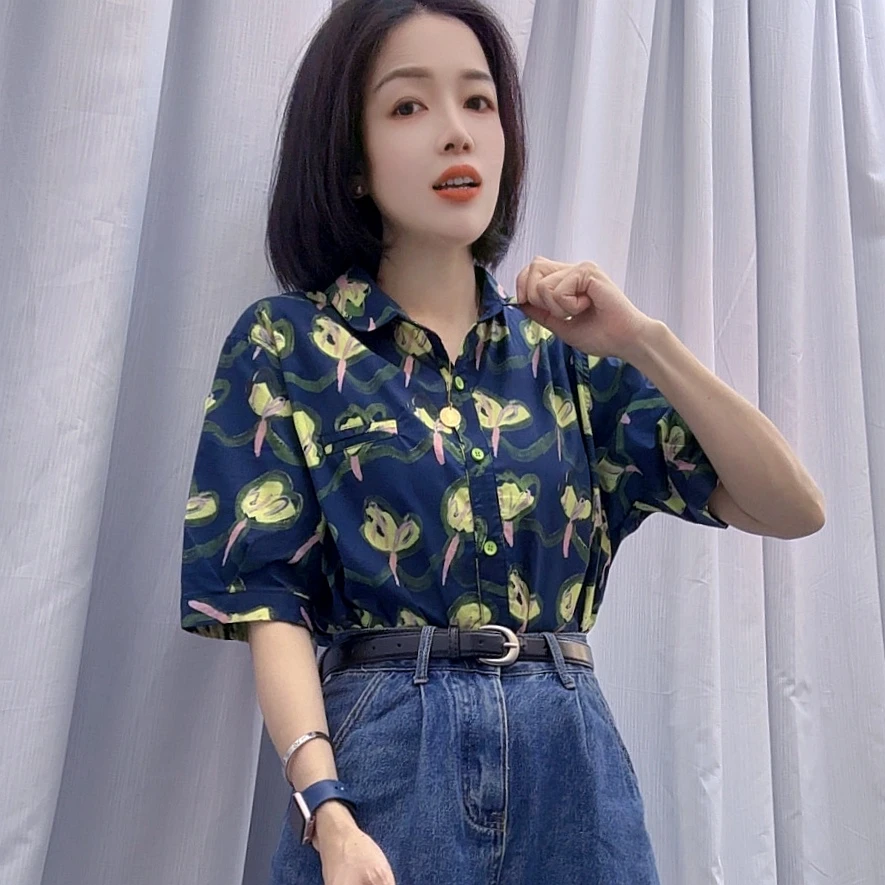 H099特色印花棉衬衫女2025夏新款休闲时尚减龄显瘦百搭短袖衬衣潮