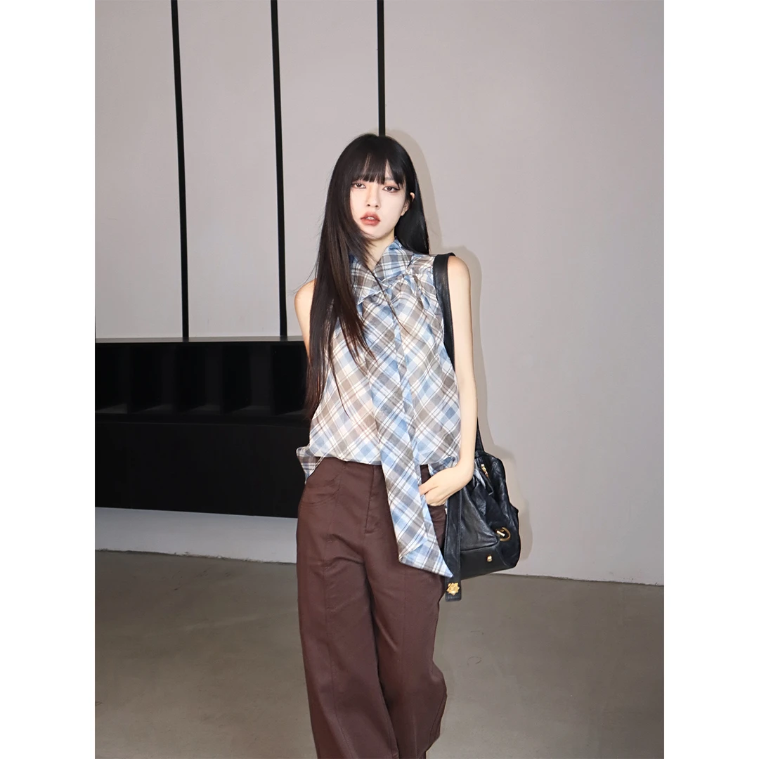 呆毛【6.4/10:00新品】夏季新款法式复古气质高级感格纹上衣DMJ4044