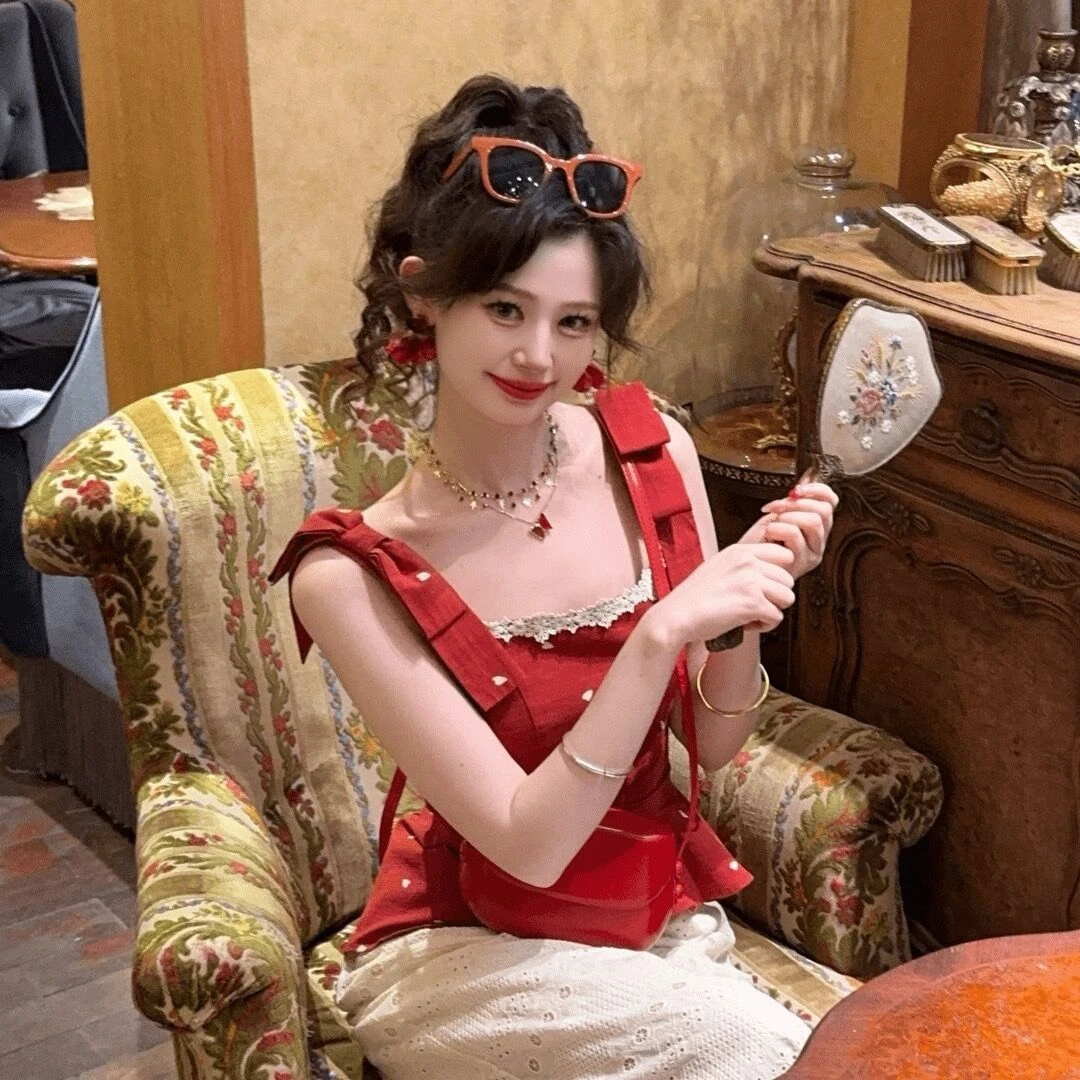 韩版甜美温柔风穿搭一整套红色波点修身显瘦上衣女学生高腰半身裙