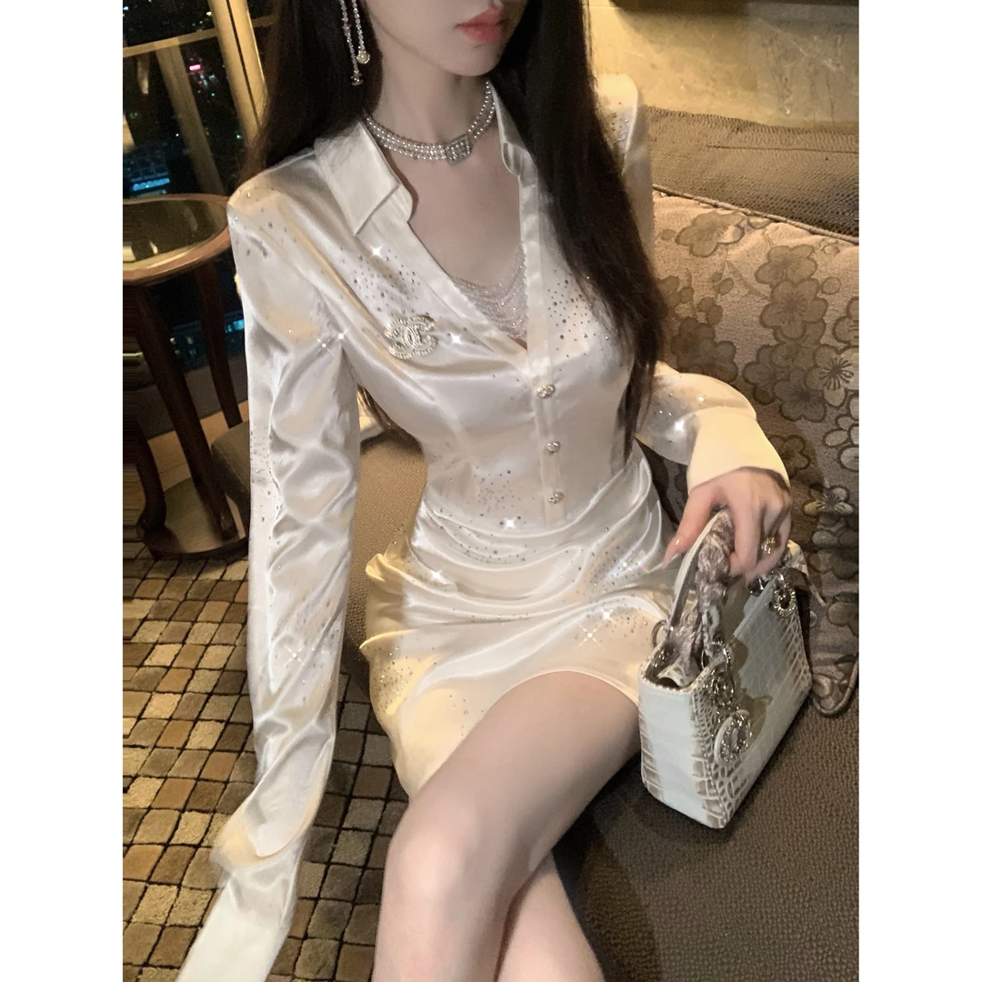 【雅乔定制】钻光银河 缎面烫钻长袖衬衫连衣裙短裙DYCC-25088352