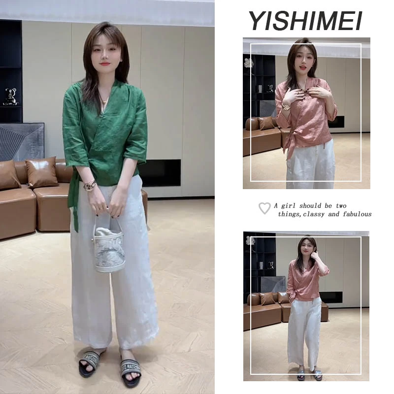 套装女2025早秋新款爆款设计感小众系带七分袖上衣休闲阔腿裤套装