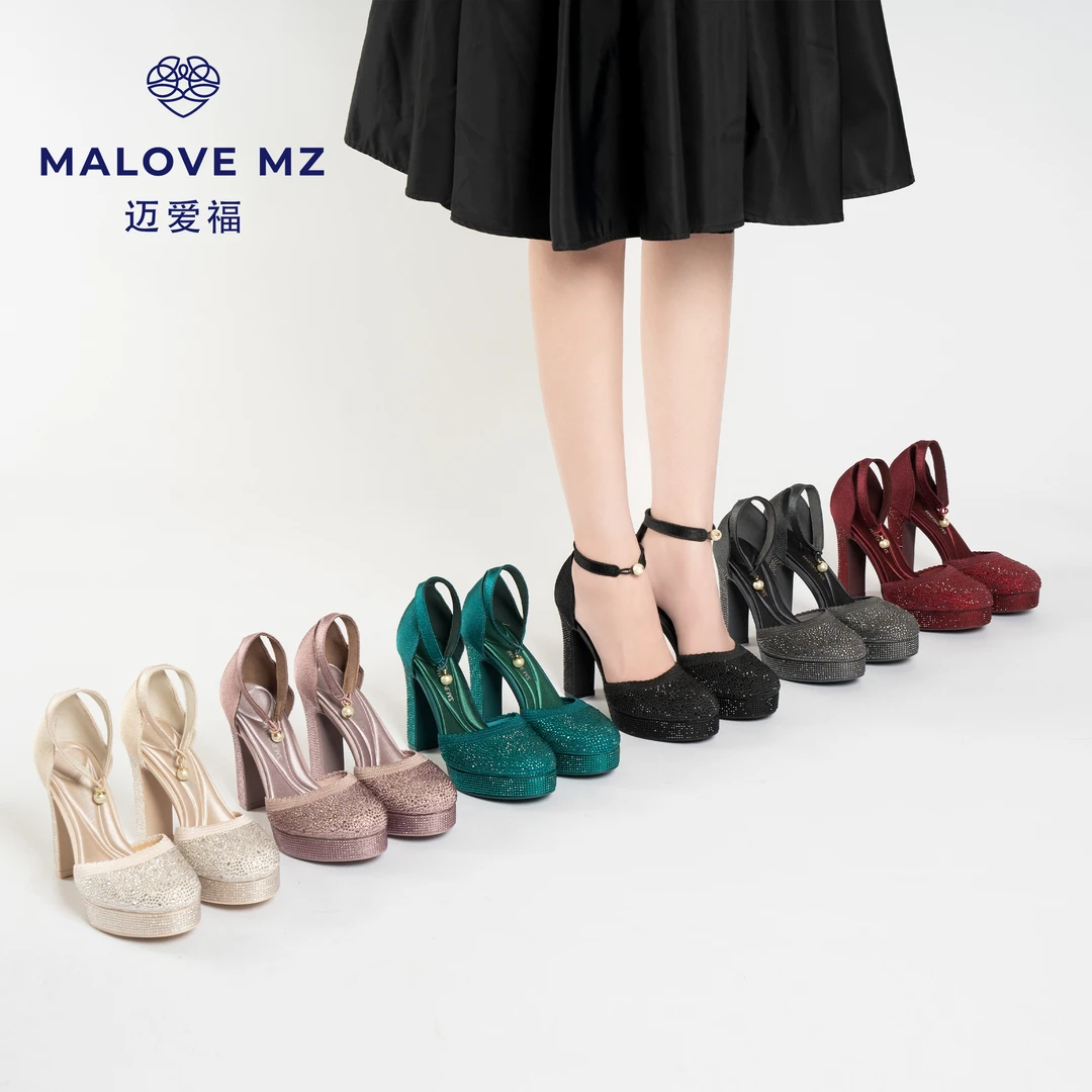 MALOVEMZ轻奢亮钻法式钉珠粗跟高跟鞋2025春夏新款百搭时尚女鞋
