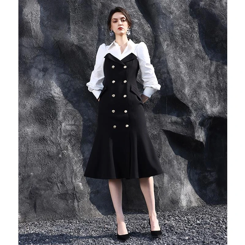 【8561】AUI黑色拼接假两件衬衫连衣裙修身鱼尾裙OL-25W018561