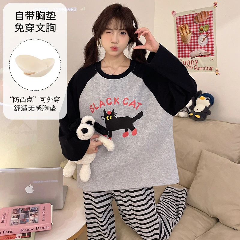 春秋季冬天2025年新款小猫睡衣女士带胸垫一体长袖套装大码家居服