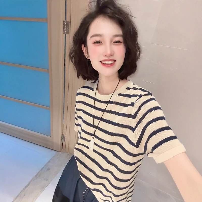 宽松圆领条纹针织衫短袖女夏装2025年新款夏季薄款超好看显瘦上衣