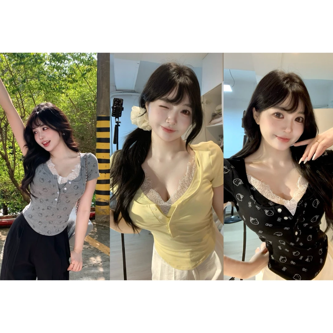 MengFairy【灰色kt】纯欲蕾丝收腰短袖针织正肩上衣 4509欧若风