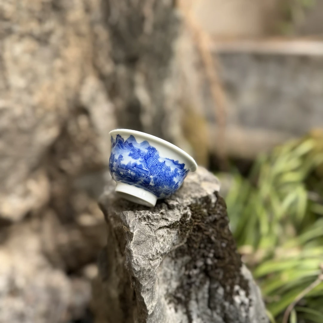 明逸堂手绘山水压手杯山水杯品茗杯茶具陶瓷中号【60ml】茶杯主人杯