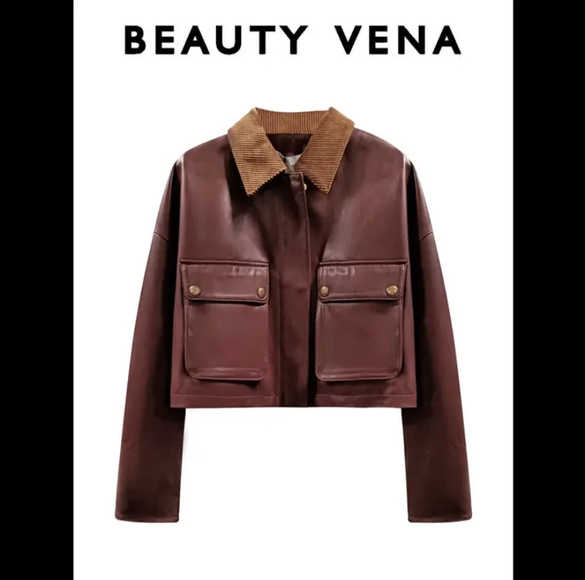 BEAUTY VENA美式复古撞色翻领皮皮外套4WN081