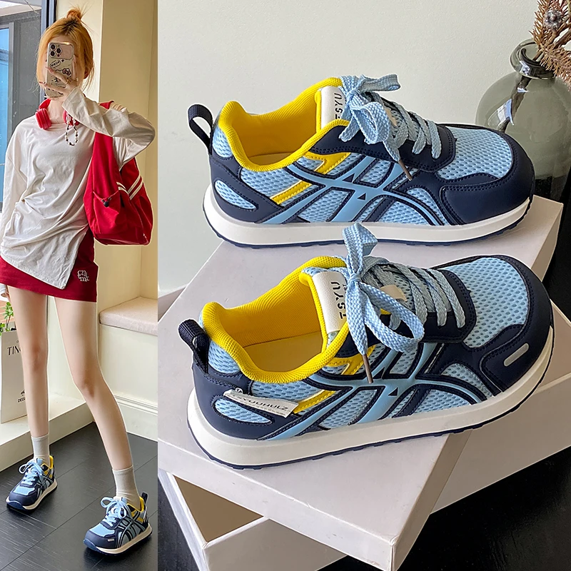 厚底网面德训鞋女2025新款夏季百搭透气休闲运动大头丑萌阿甘鞋女