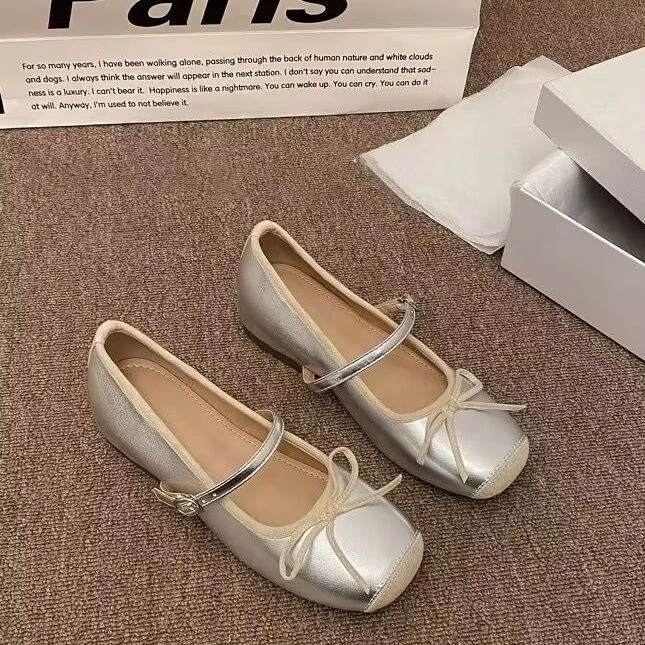 内增高5cm小香风单鞋女2025夏季新款蝴蝶结方头浅口银色芭蕾舞鞋