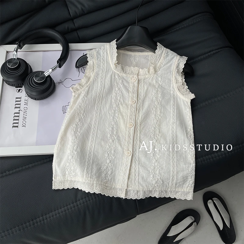 Q【奶酪小方】阿卷夏甜美蕾丝提花木耳边无袖背心娃娃衫MPG6127