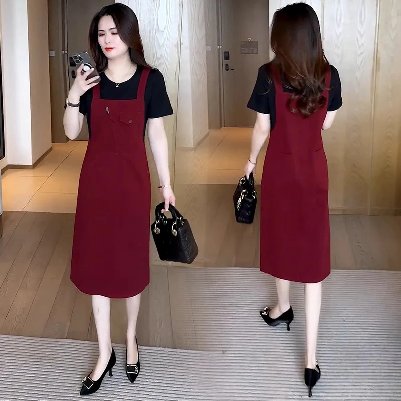 休闲假两件连衣裙女2025夏季新款洋气显瘦中长款拼接牛仔背带裙