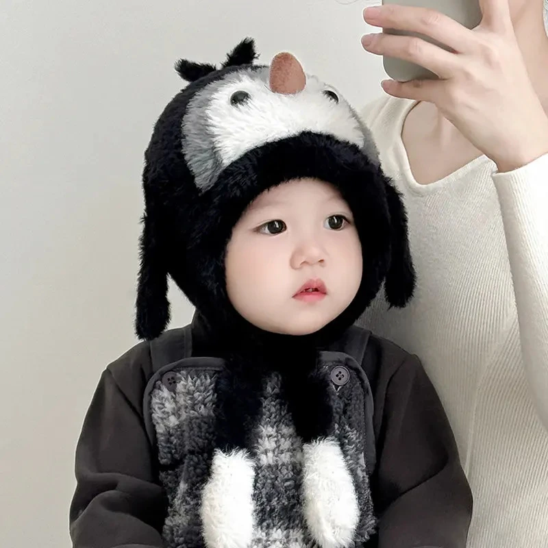 宝宝帽子秋冬季保暖加厚会叫企鹅毛绒一体男童女婴幼儿防风护耳帽