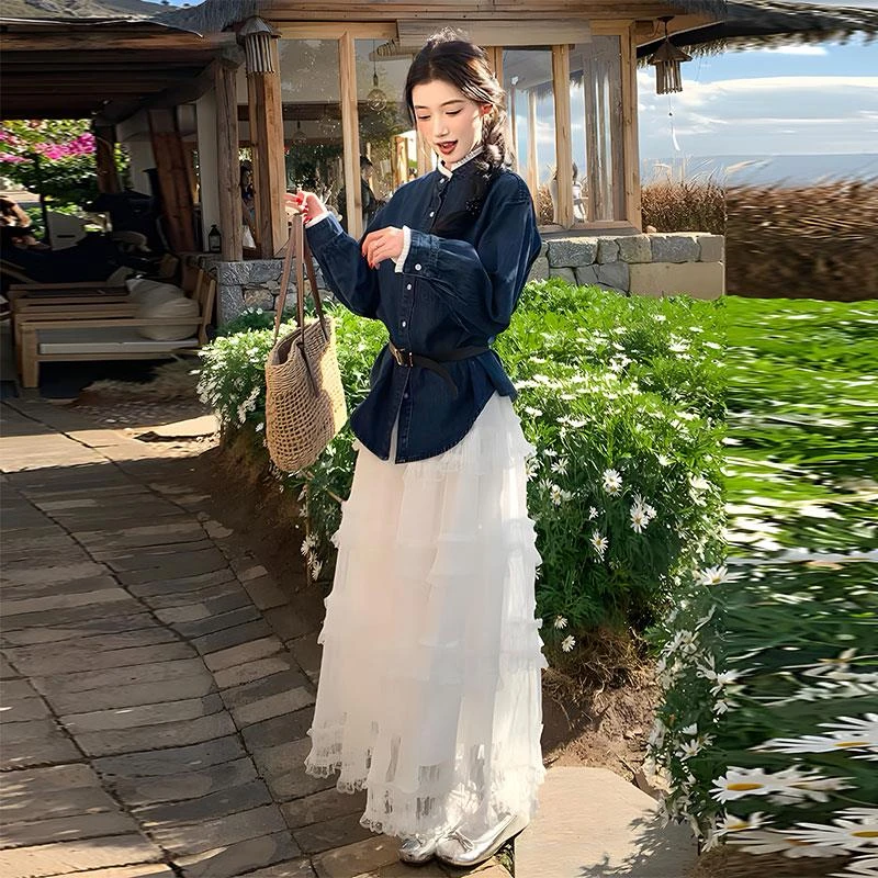 早春韩系穿搭一整套氛围感蓝色牛仔外套+高腰蕾丝半身裙两件套女
