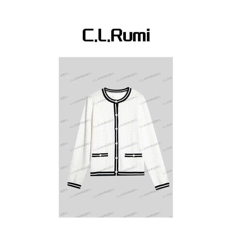 【Rumi小店】”Z*H"早秋经典撞色边圆领镂空小香风开衫上衣7063ks