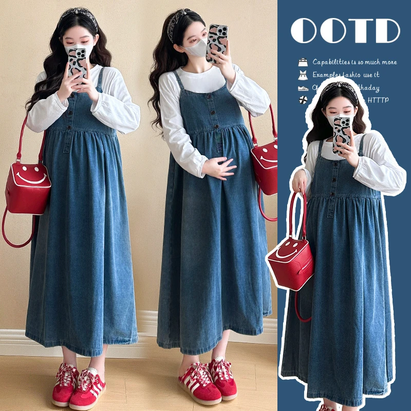 2025春季时尚百搭长袖+牛仔连衣裙套装春秋网红洋气宽松中长款