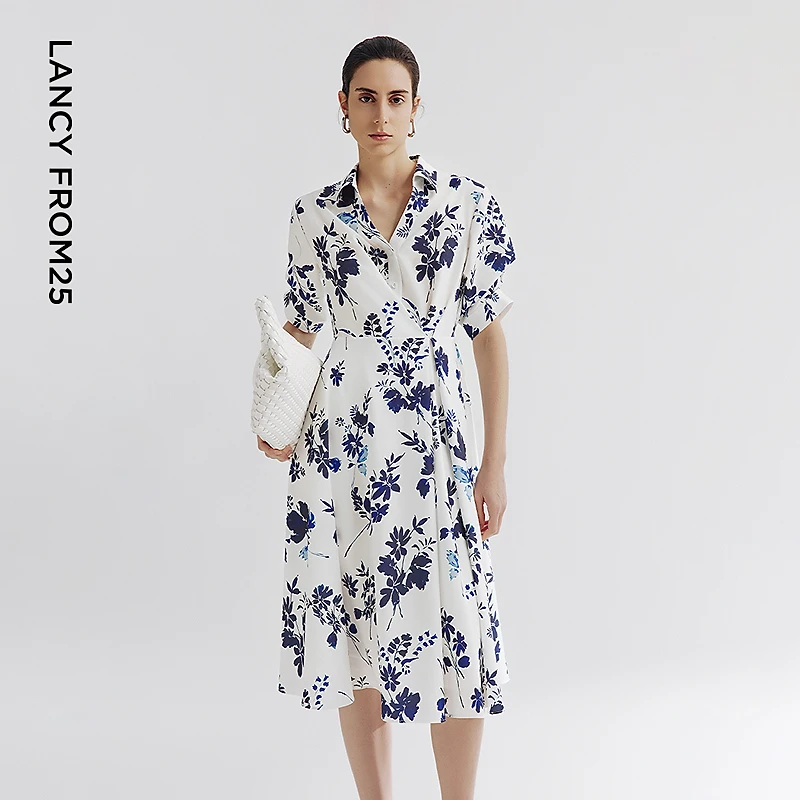 朗姿印花衬衫连衣裙收腰高级感气质a字中长碎花裙2025年夏季新款