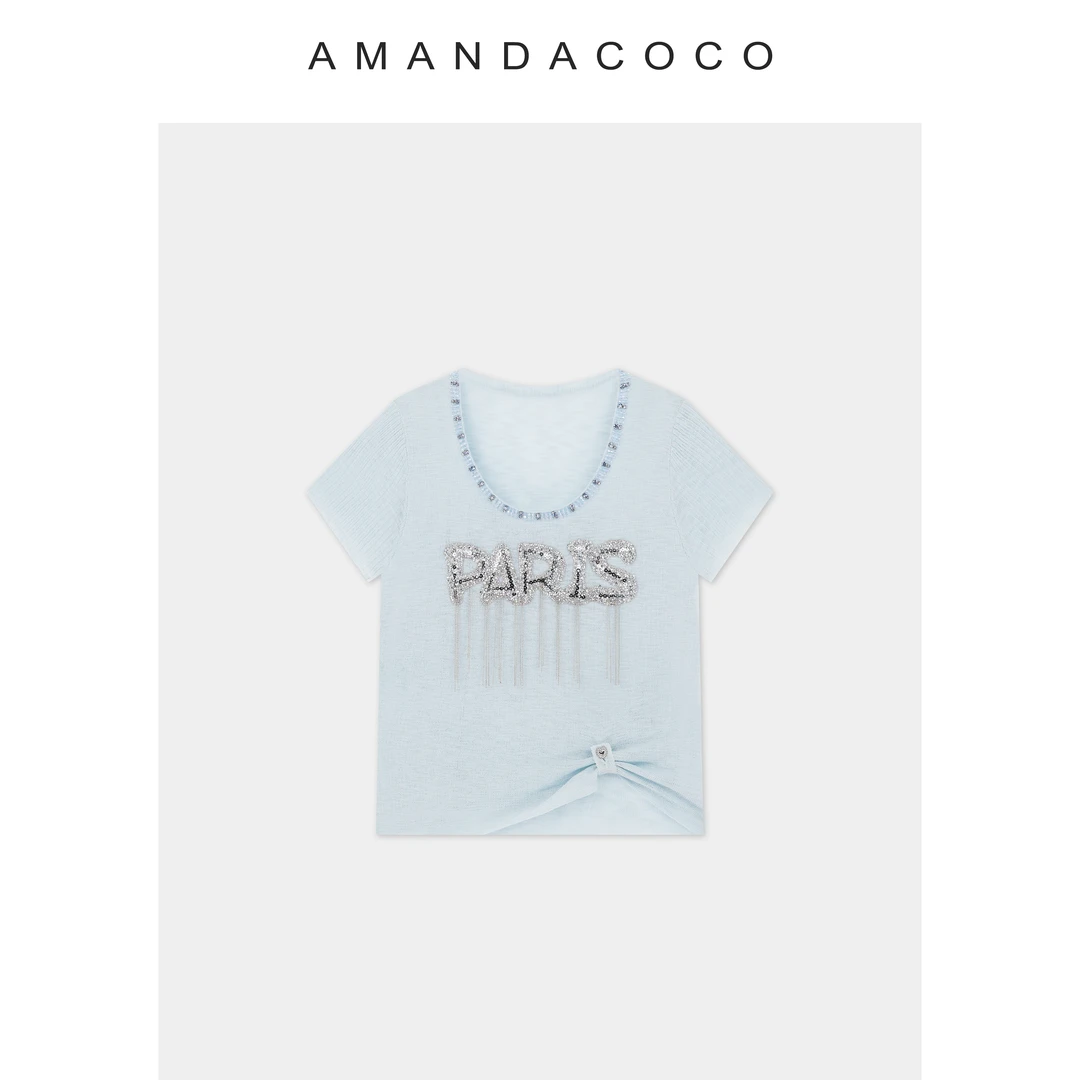 AMANDACOCO  | 夏季薄款串钻U领字母流苏拼接短袖针织衫