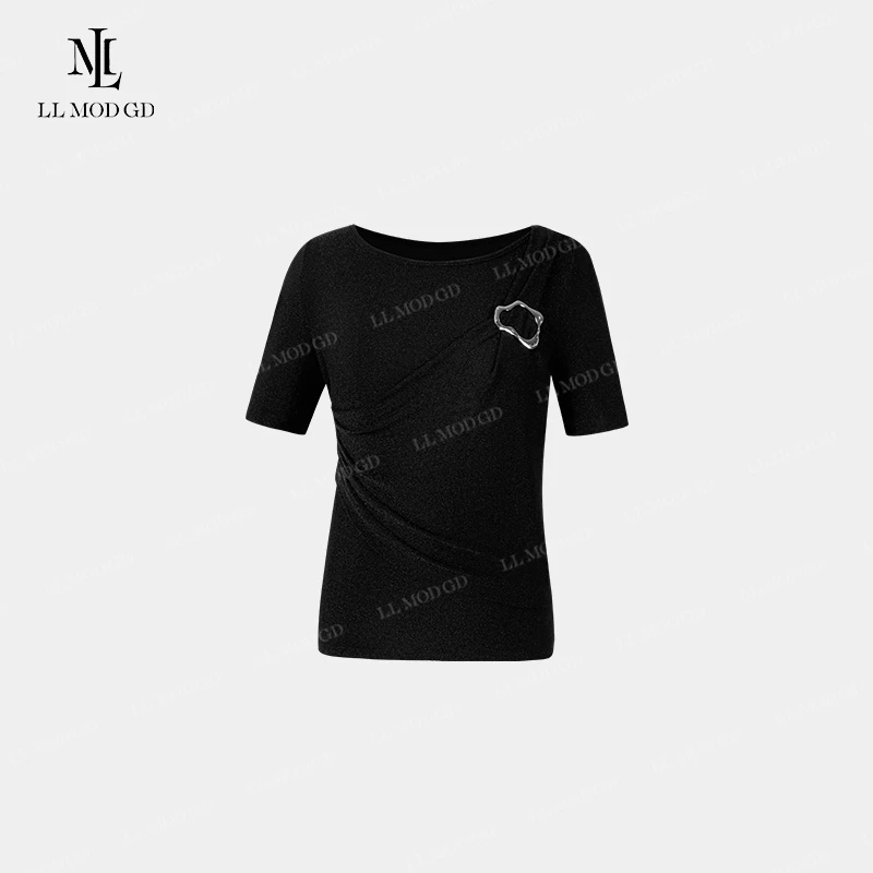 银月星隐 假两件短袖T恤春夏手工捏褶圆领针织百搭上衣LL-261284