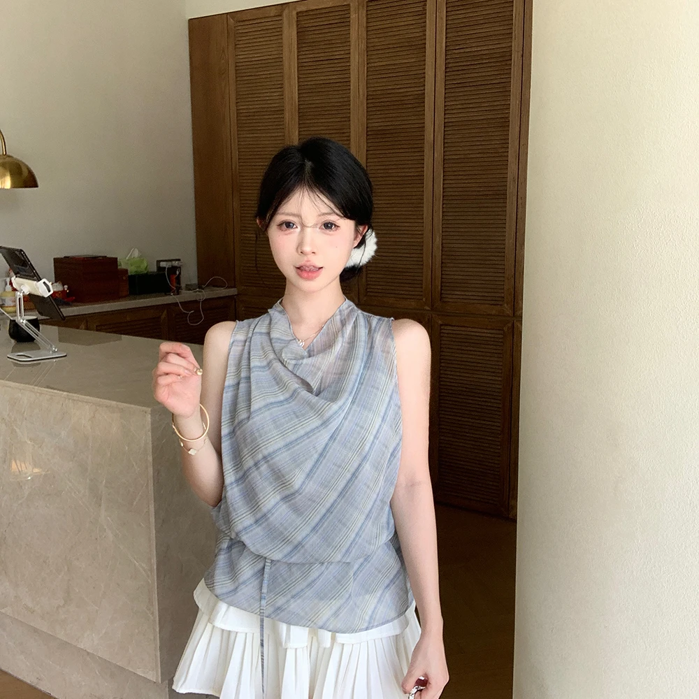 雪纺衫荡领挂脖吊带背心蓝色格子衬衫衬衣上衣显瘦气质针织时尚