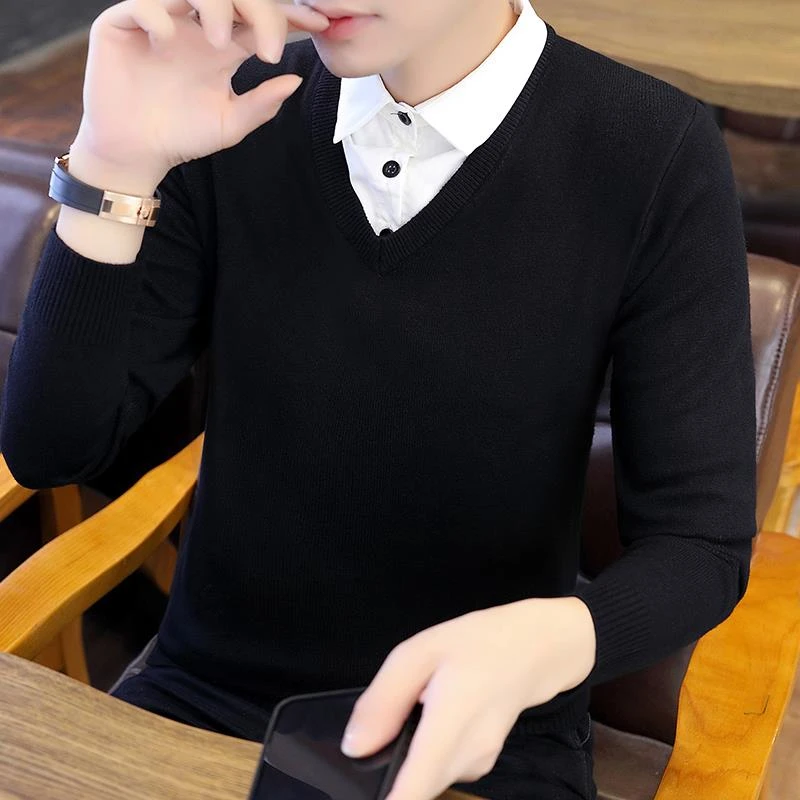 灏吉弧衬衫领假领男士毛衣潮流韩版休闲秋冬针织加绒加厚款