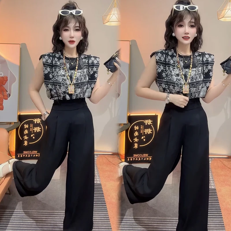 2025春夏季新款时尚显瘦气质网红高档女宽松大码无袖背带裤两件套