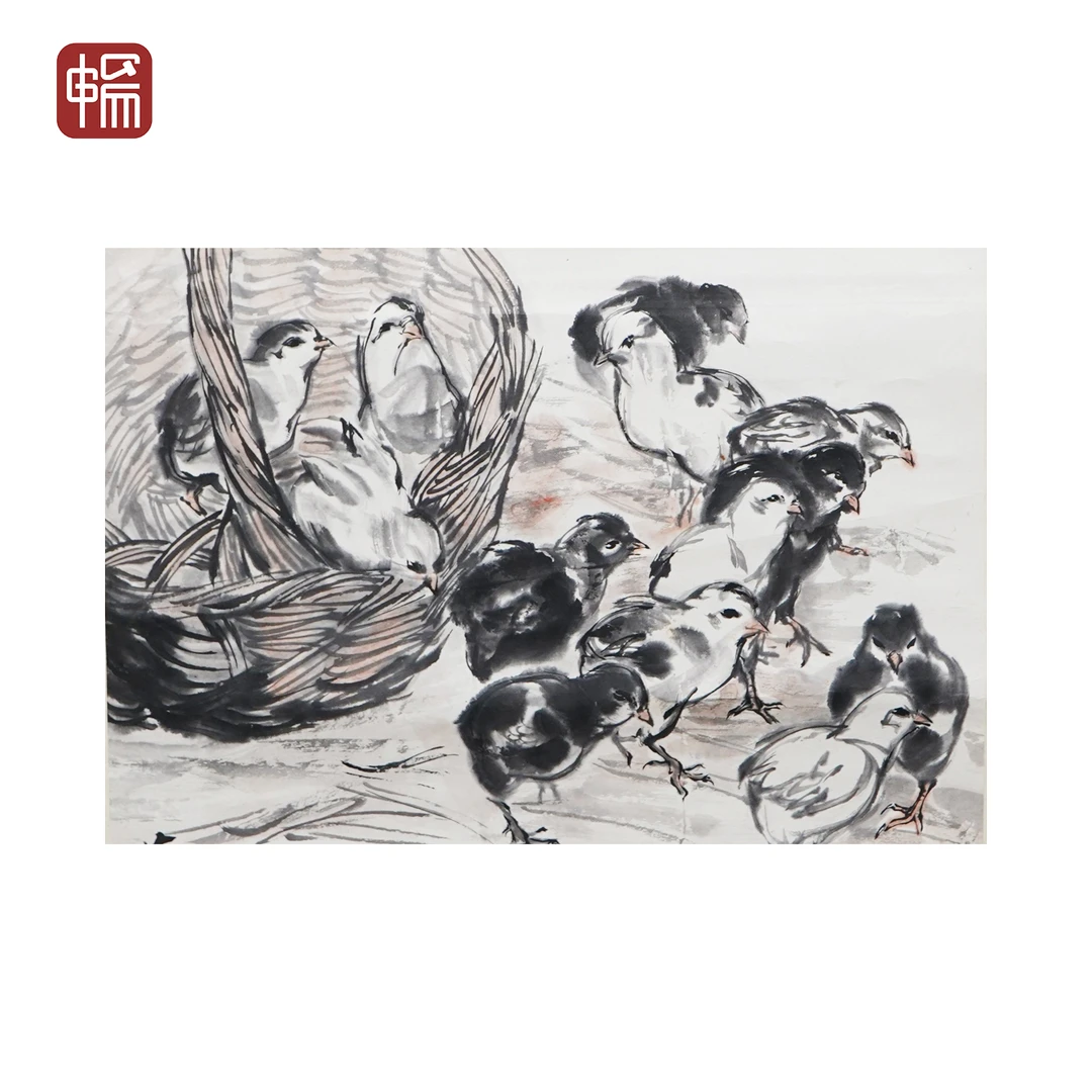 T1066 近现代《雏鸡图》 梁淦堂 49*42（1.85）纸本立轴FL