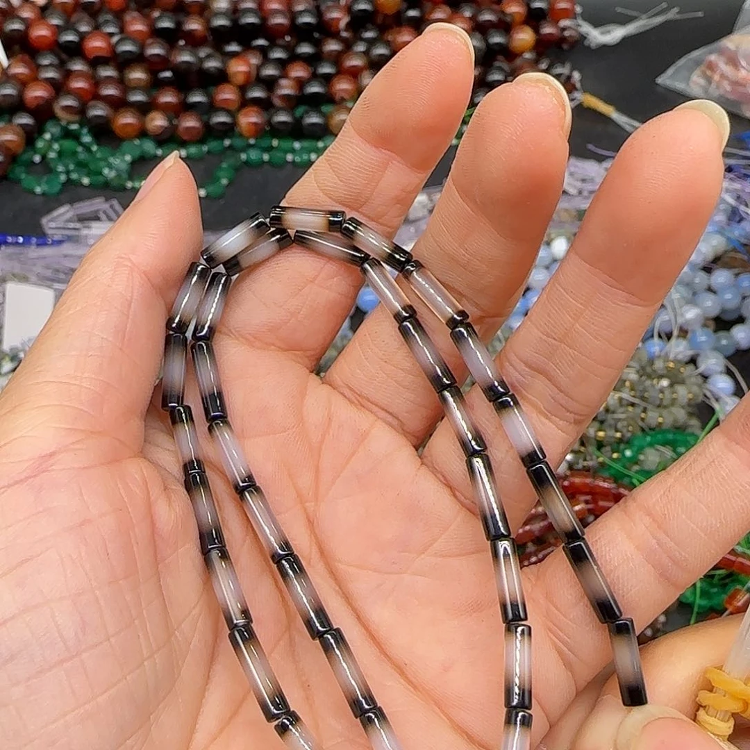 玛瑙/玉髓合金珠宝半成品黑白玛瑙2-11mm管珠一条