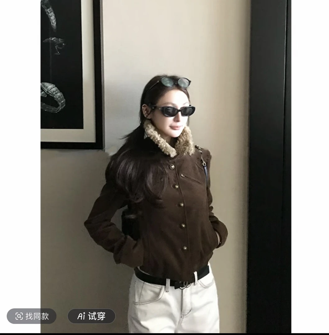 涩谷辣妹 柳智敏韩系复古灯芯绒羊羔绒领夹克外套女秋251023