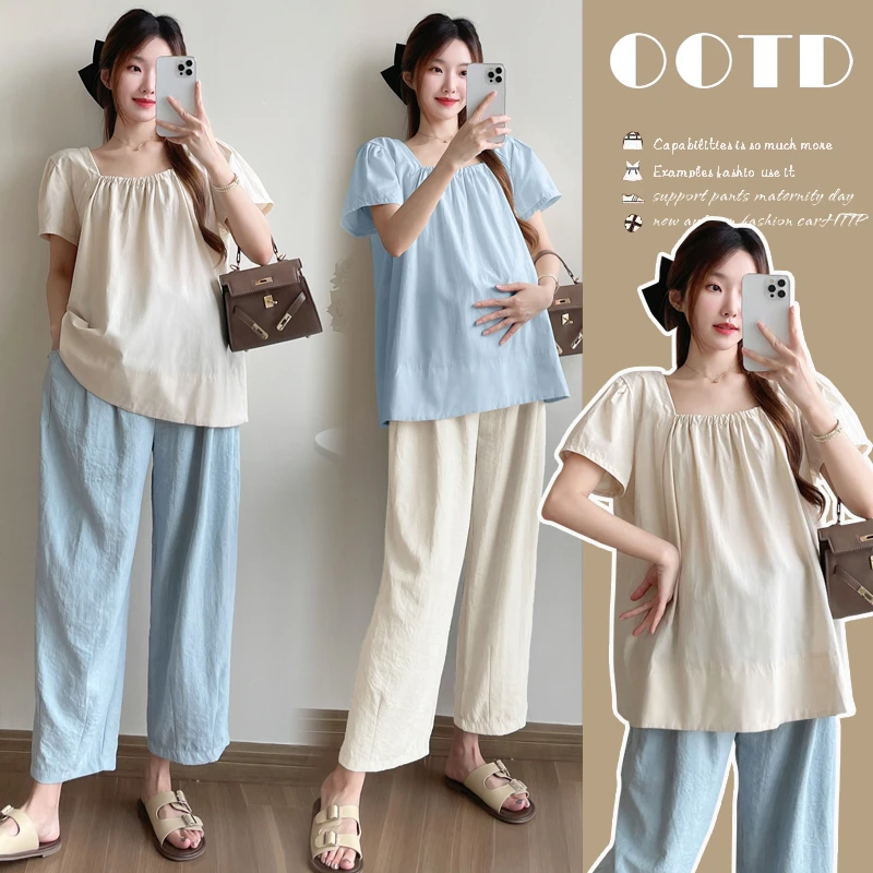 现货+视频2025夏新款孕妇装韩版纯色宽松型方领孕妇