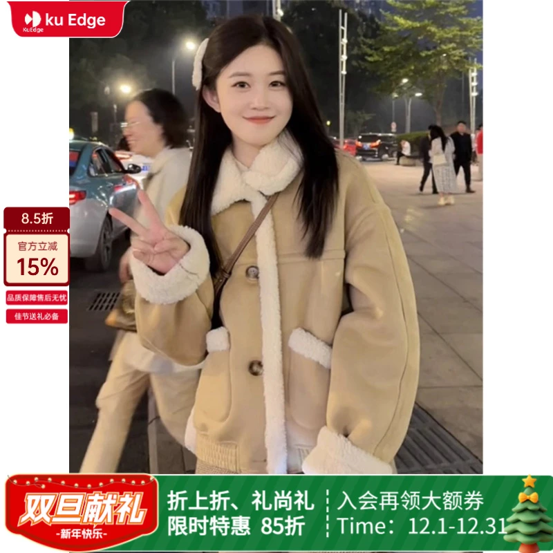 秋冬保暖羊羔毛翻领加绒外套女秋冬今年流行短款加厚夹克上衣棉服