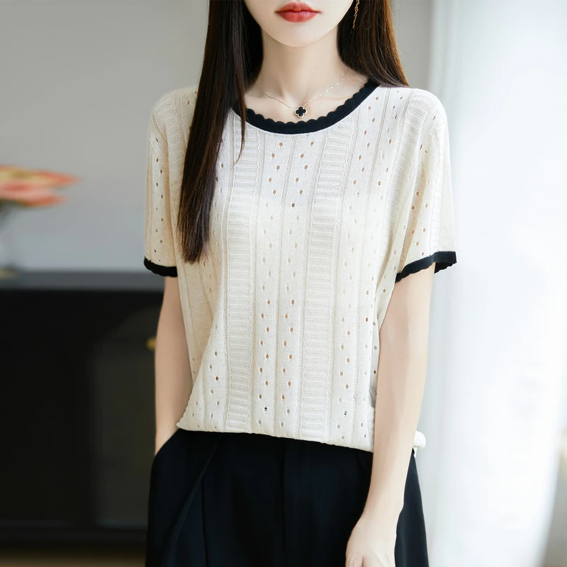 哥弟阿玛施官方新款圆领拼色亚麻针织衫夏季薄款时尚洋气短袖上衣