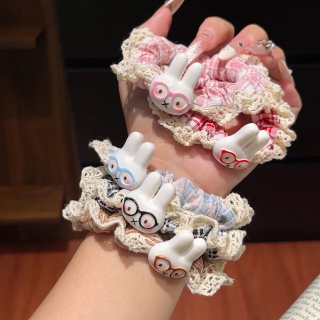 甜美蕾丝花边眼睛米菲兔发圈卡通可爱风马尾发绳森系小香风发饰