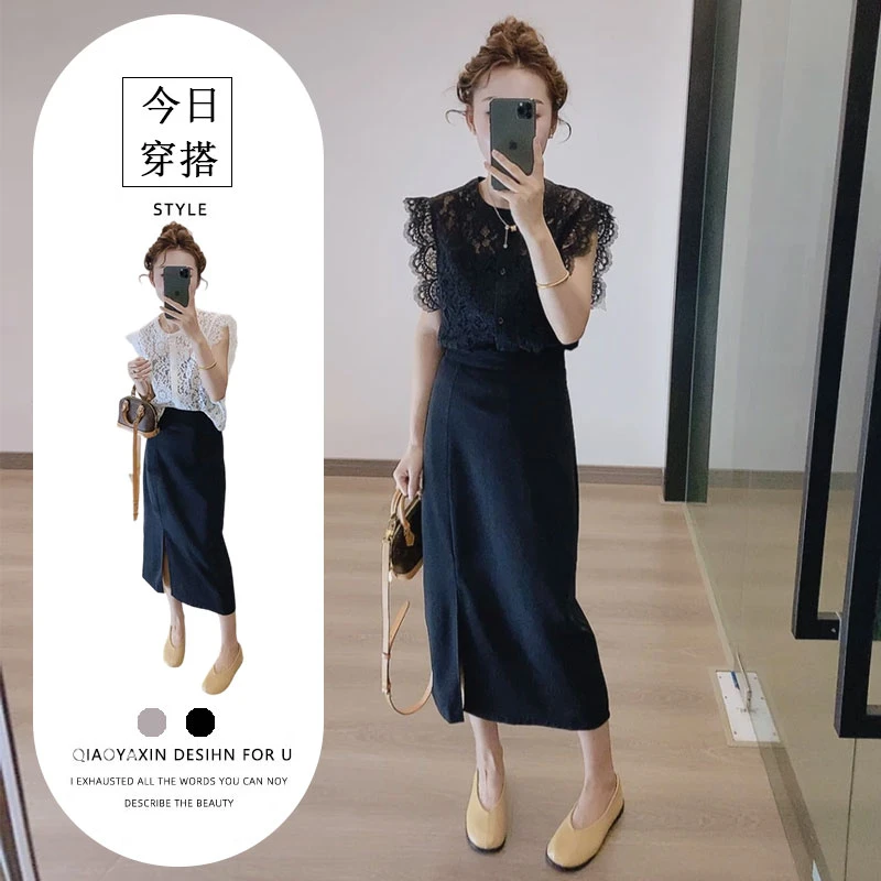 法式设计感小飞袖镂空女夏季新款高级感百搭气质上衣半身裙两件套