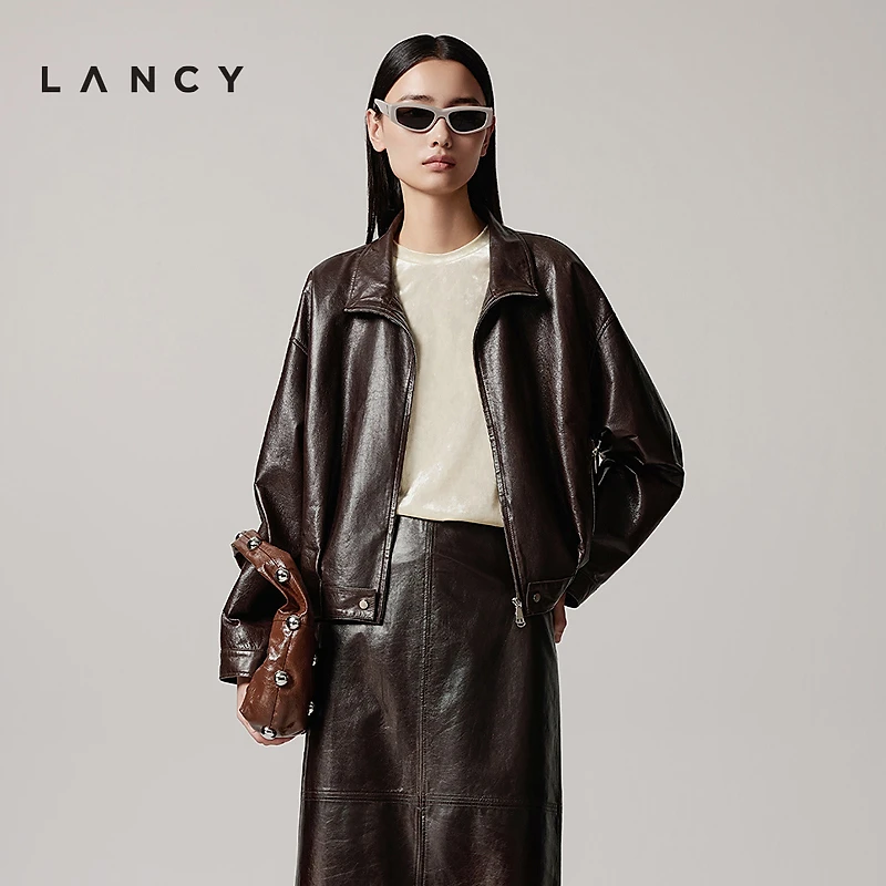 【羊皮】LANCY/朗姿2025秋季新款复古廓形美拉德高级感真皮衣外套