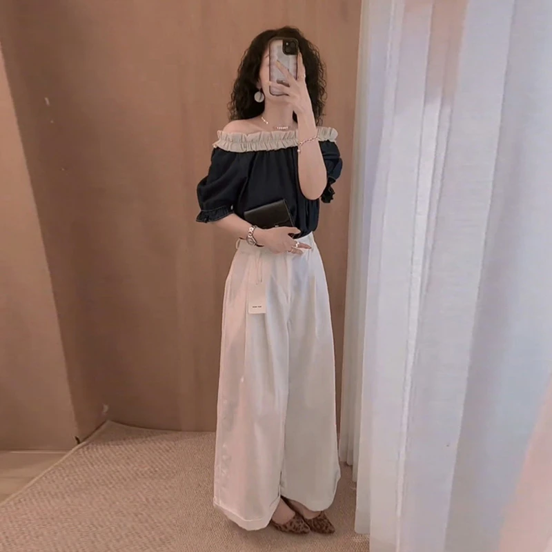 气质搭配一整套女夏季设计感木耳边t恤上衣显瘦阔腿休闲裤两件套