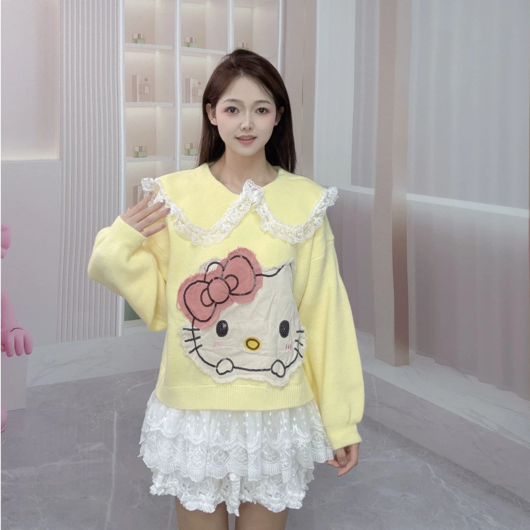 INS娃娃领花边KITTY毛衣4254312037
