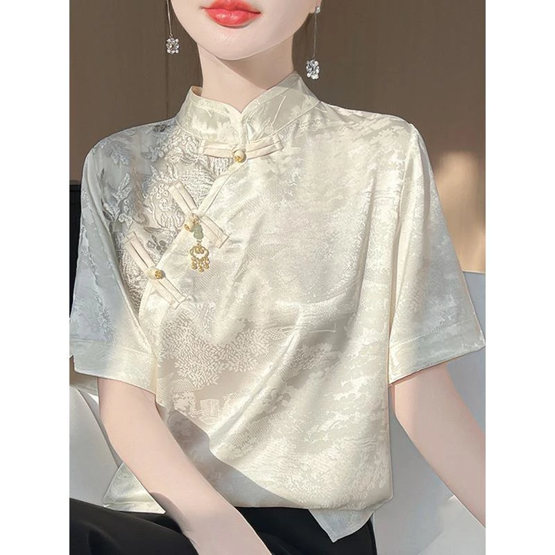 2025春夏新款轻奢国风改良旗袍领盘扣T恤女高端缎面提花打底短袖