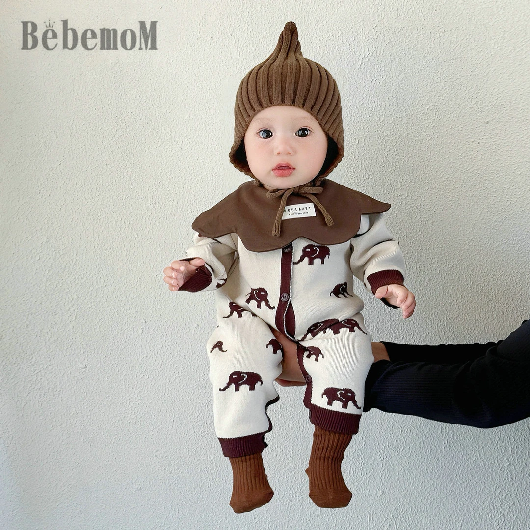 婴儿衣服秋冬装男女宝宝褐色大象针织爬爬服新生儿韩版毛衣连体衣
