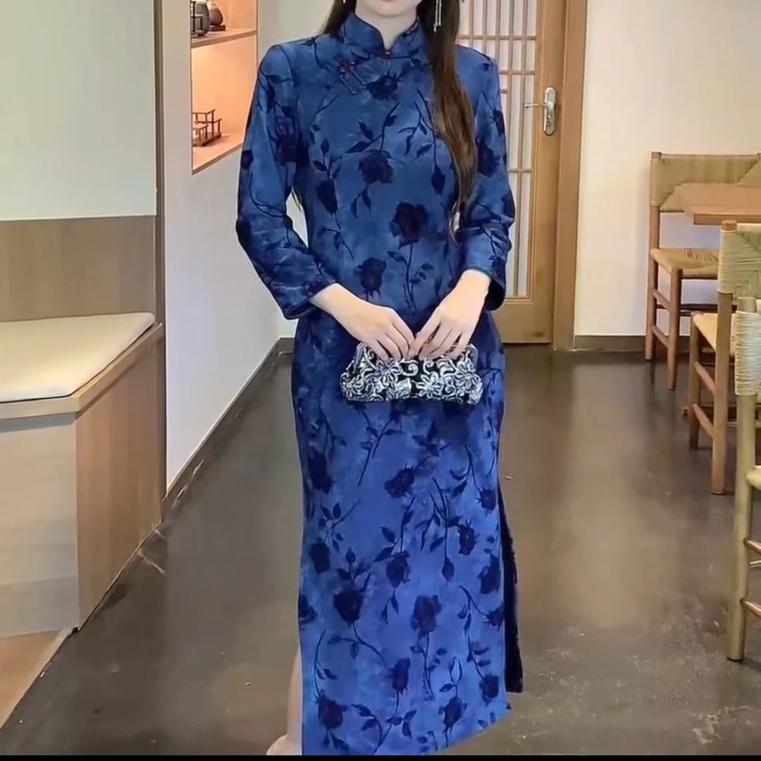 古风新中式日常旗袍秋冬气质显瘦优雅风欧美风复古时尚中长款